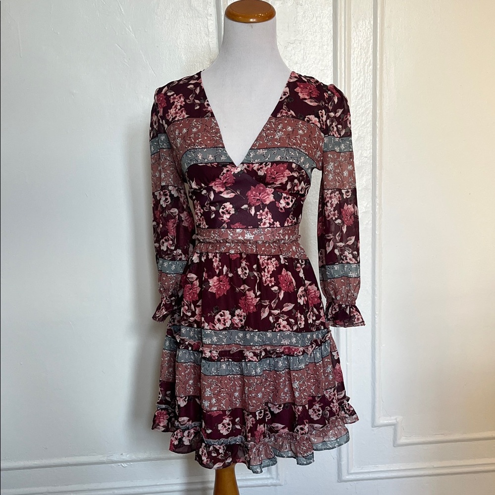 Sage the Label Floral V-Neck Open-Back Mini Dress - Burgundy and Pink
